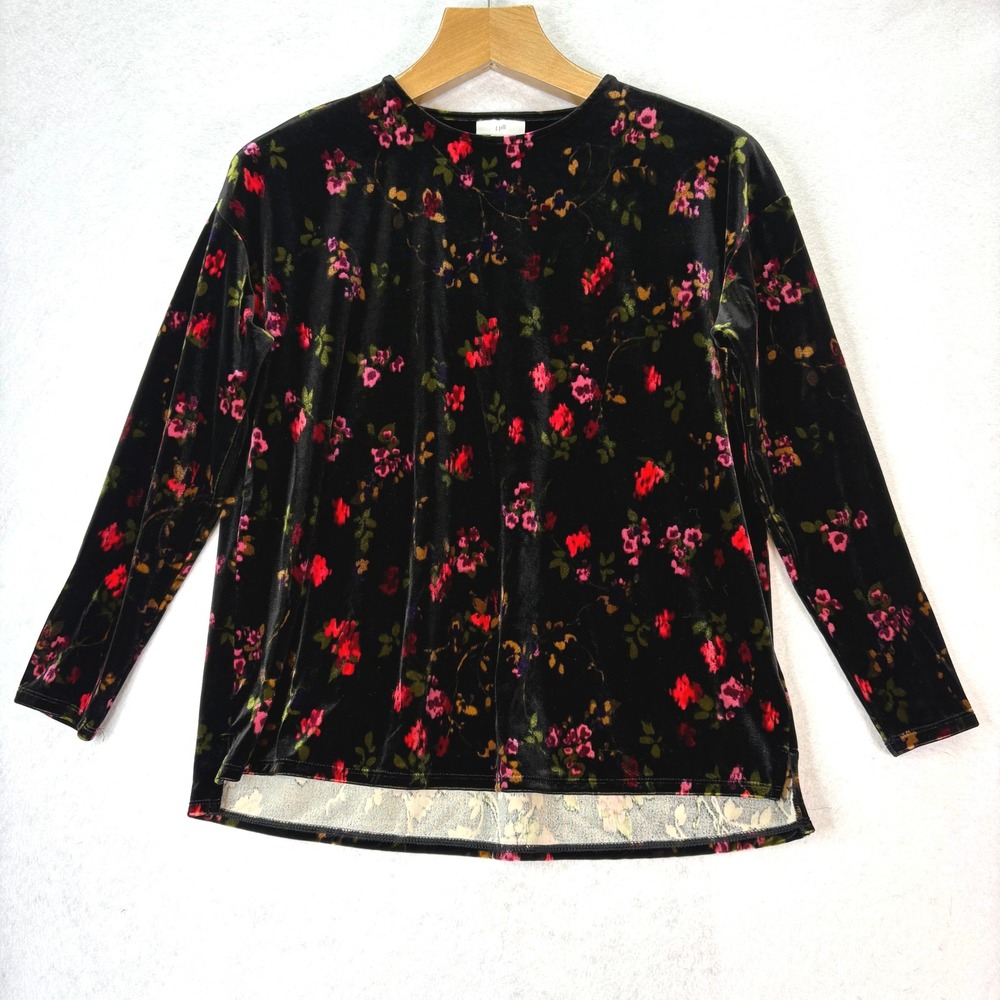 J.‎ Jill Black Velvet Floral Print Long Sleeve Top Women's Size Small Minimalist